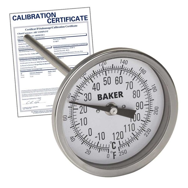 Baker Instruments T3006-250 Bimetal Thermometer, 0 to 250 deg F (-20 to 120 deg C),  T3006-250-NIST